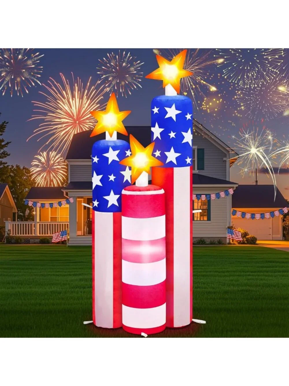 4FT Tall 4th of July Inflatable Fireworks Yard Decor | Patriotic LED Outdoor